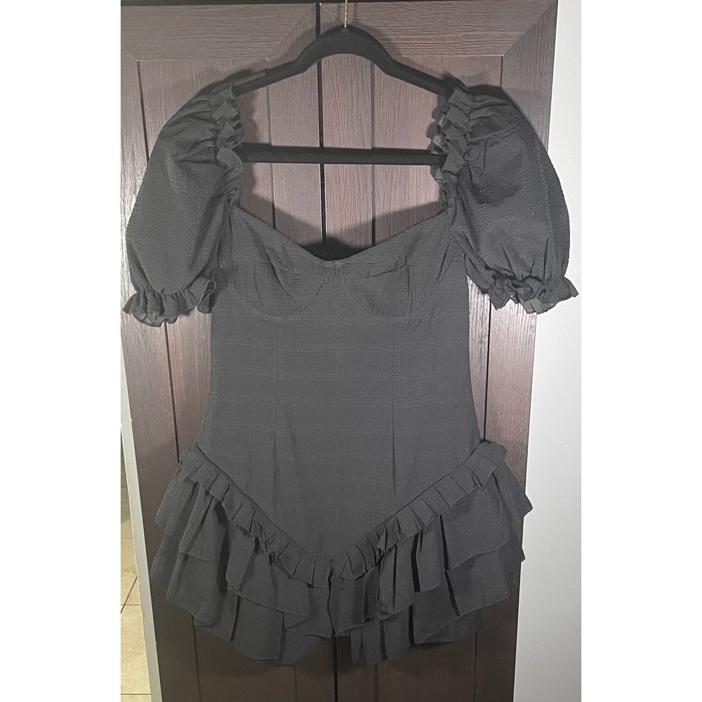 PrettyLittleThing Black Puff Sleeve Ruffle Mini Dress Sweetheart Underwire Sz 8